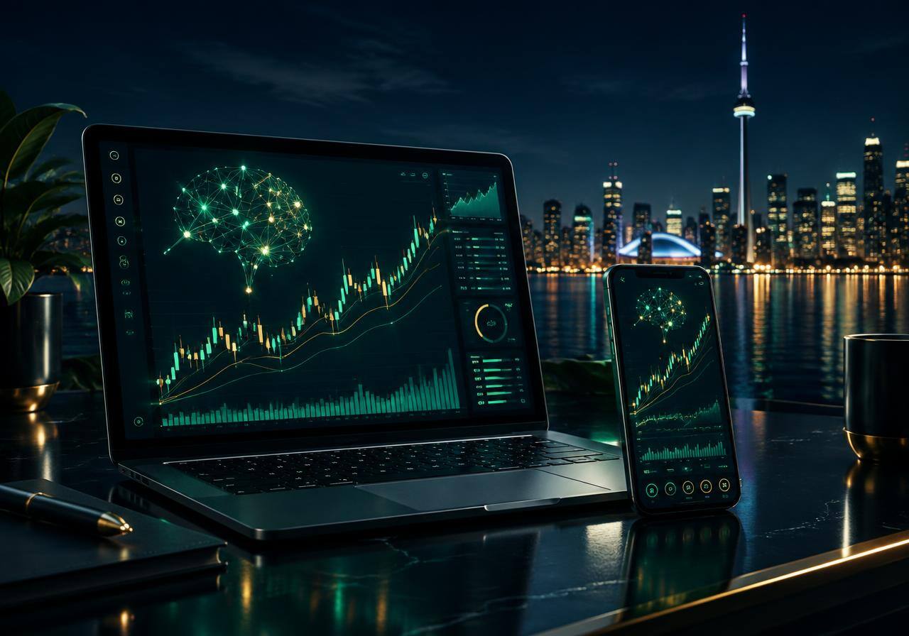 Adroite Capitorc AI trading app dashboard on laptop and phone with Toronto skyline